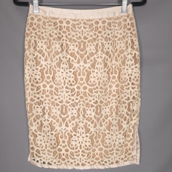 Kora Rae Women’s WOOL SILK Blend Beige Lace Pencil Skirt USA MADE No Size Tag S - Picture 2 of 16
